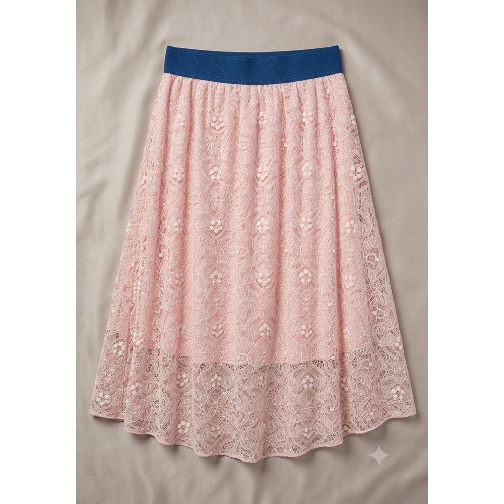 LuLaRoe Lola Skirt Small Pink Floral Lace Blue Elastic Waist Midi NWT